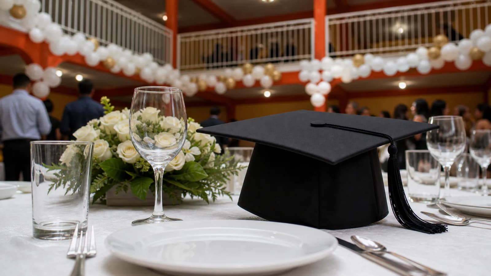 Graduaciones: detalle birrete vajilla en el Salón Campeche
